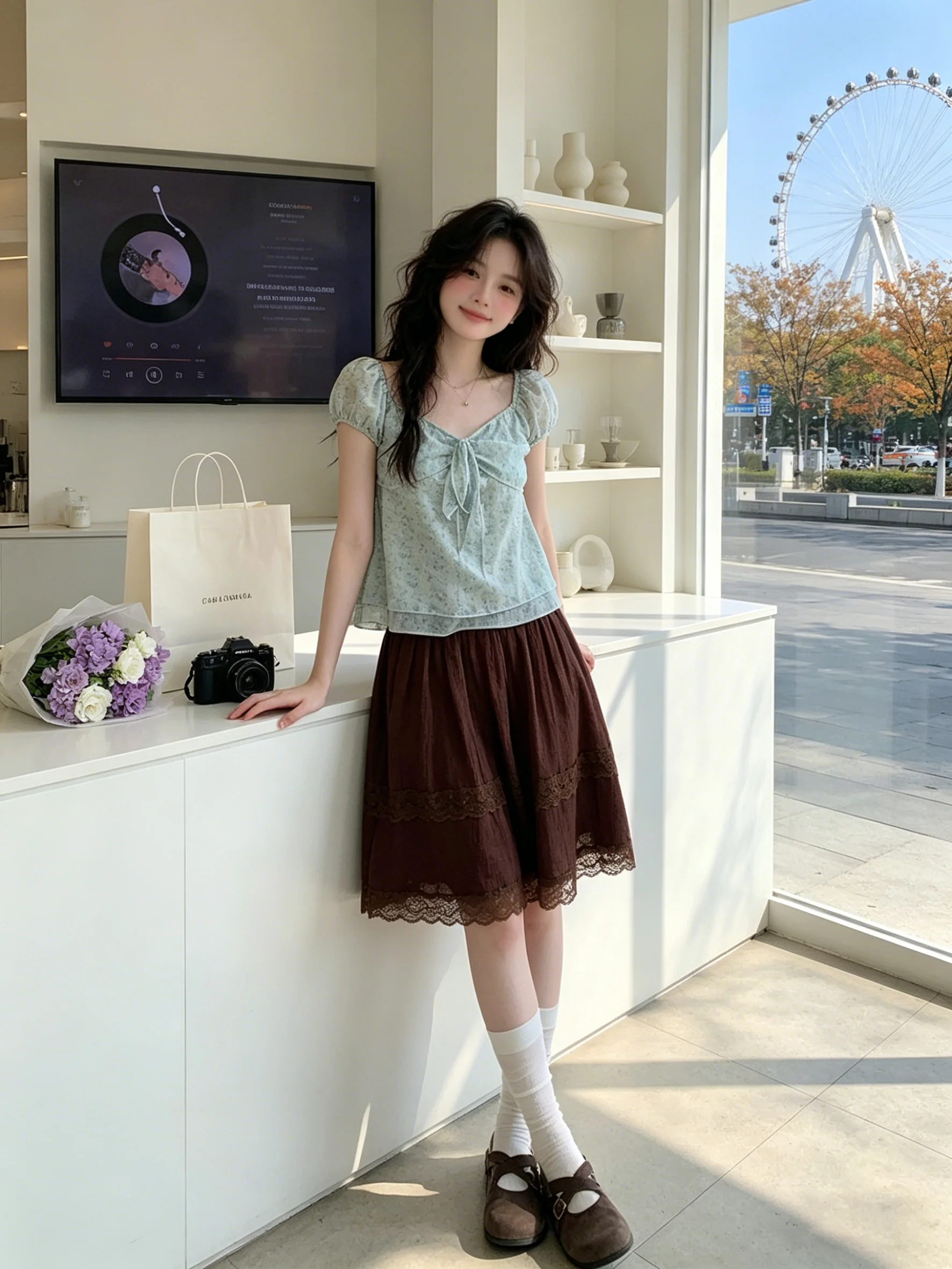 Summer Fashion Set Women's Retro Bow Tie Bubble Sleeve Floral Shirt Lace Hem  Skirt Two Piece Set Breathable Lightweight