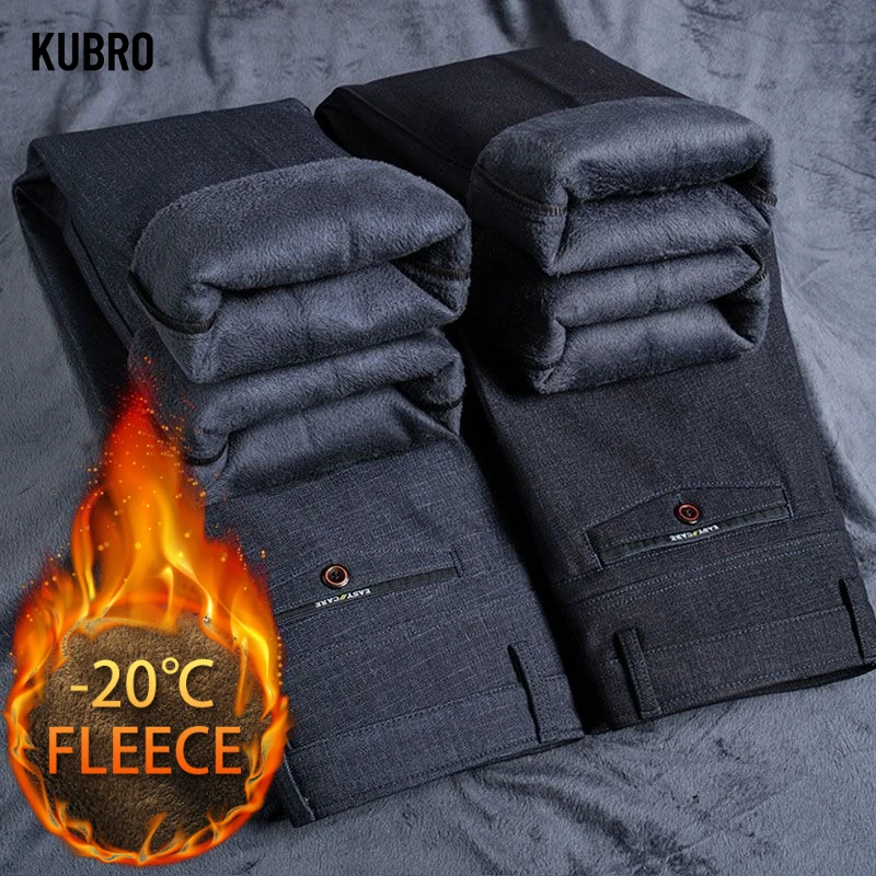 

Winter Warm Men's Business Casual Pants Thickened Flannel Fleece Elastic High Waist Office Classic Fit Straight Black Trousers