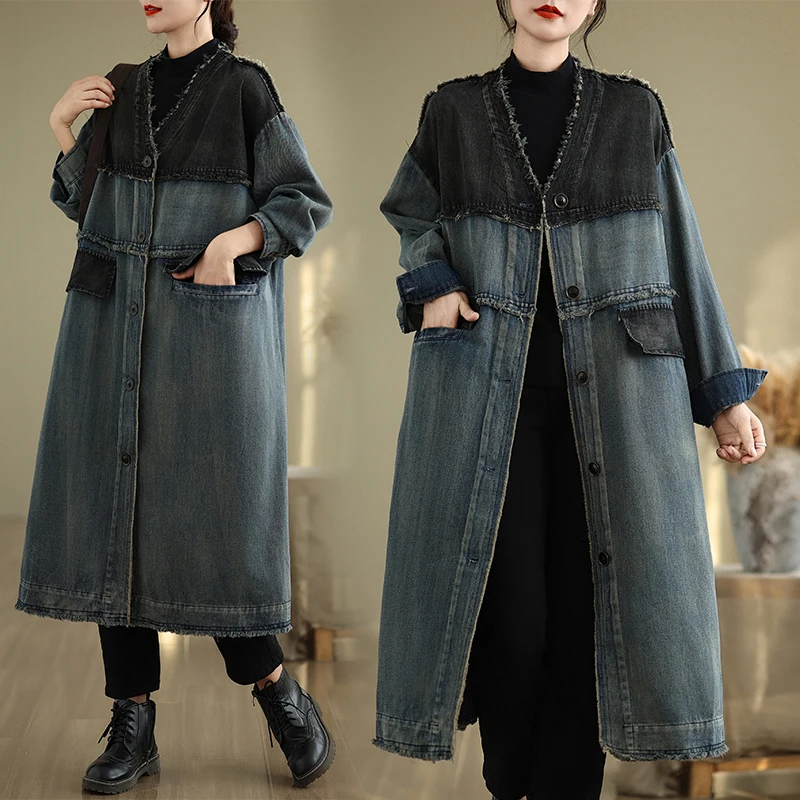 Heavyweight Waed V-Ne Loose Fit plus Size Retro Casual Frayed Long Sve Denim Sle Coat Autumn Wear Korean Sle Women...