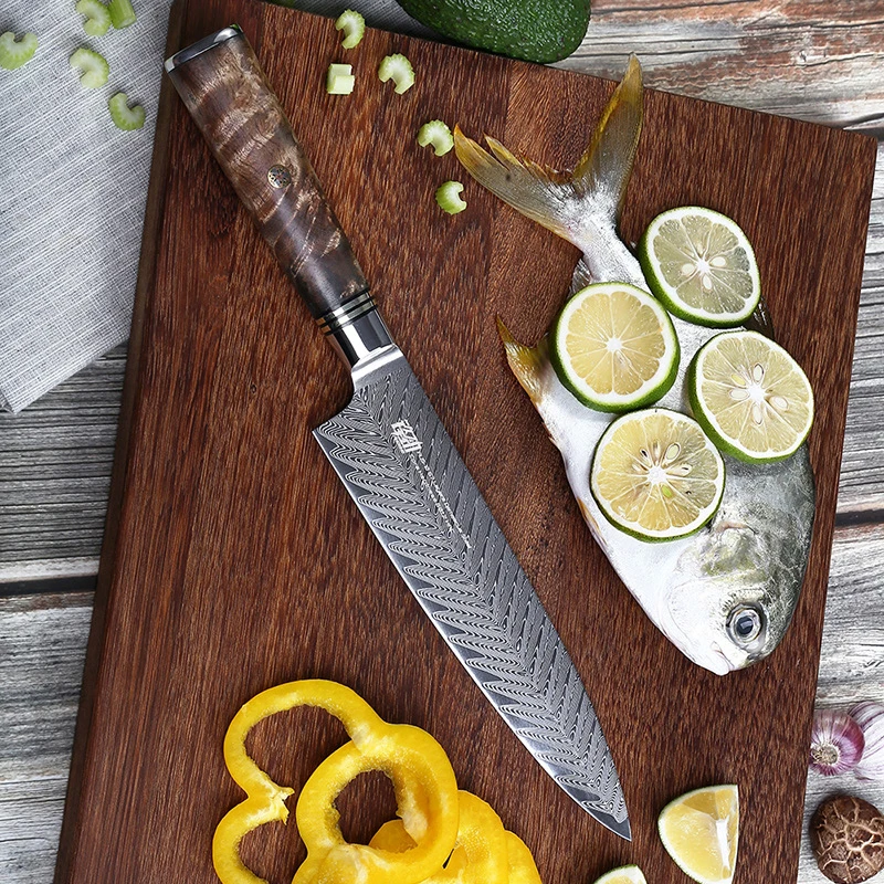 FINDKING AUS-10 Damascus Steel Blade Sapele Wood Handle Arrow Pattern Damascus Knife 8 Inch Chef Cleaver 67 Layers Kitchen Knife