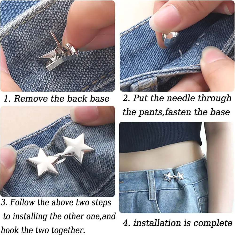 4 Sets Adjustable No Sewing Required Star Metal Buttons Reusable Pentagram Pant Waist Tightener Button for Clothing Accessories