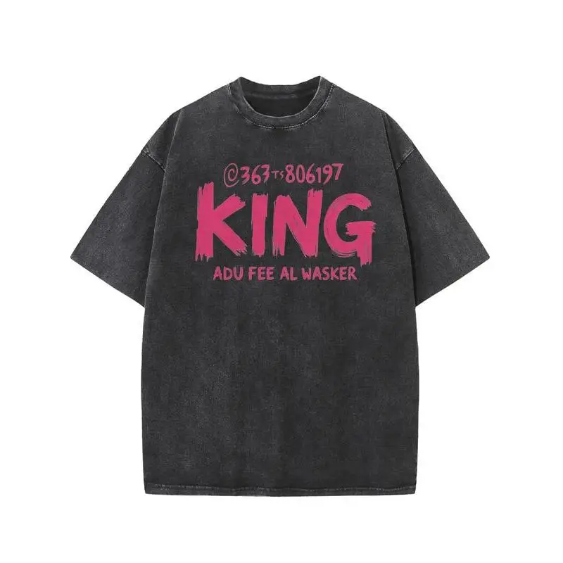 

King Letter Print T Shirt For Men Oversized Graphic Tee Hip Hop Style Vintage Washed Streetwear Top 2025 Fashion