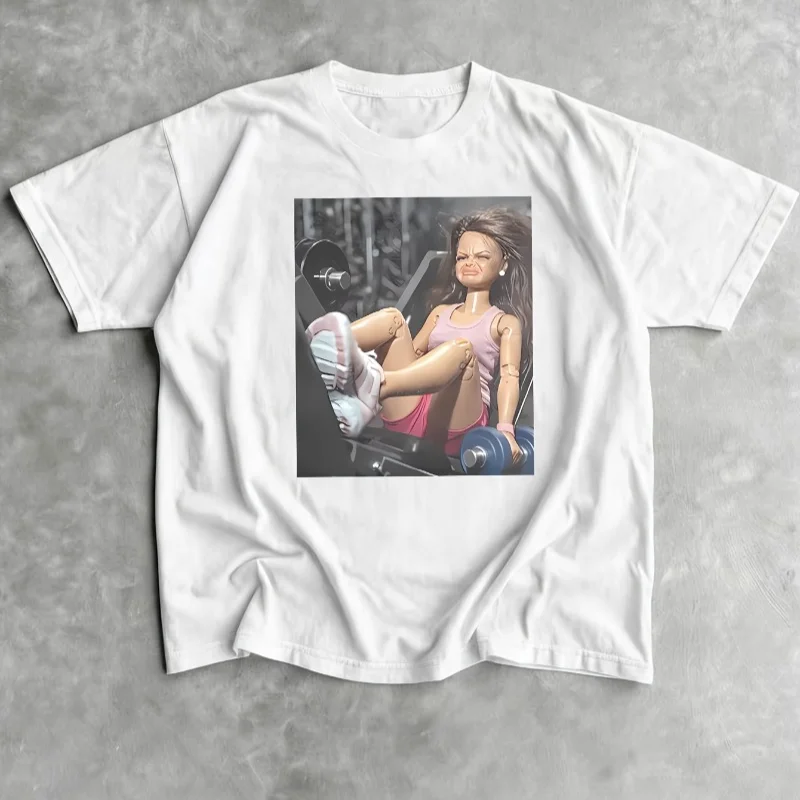 Funny Gym Workout Doll Lifting Weights Graphic T Shirt Fitness Meme Unisex Casual Short Sleeve Crew Neck Streetwear Tee Tops