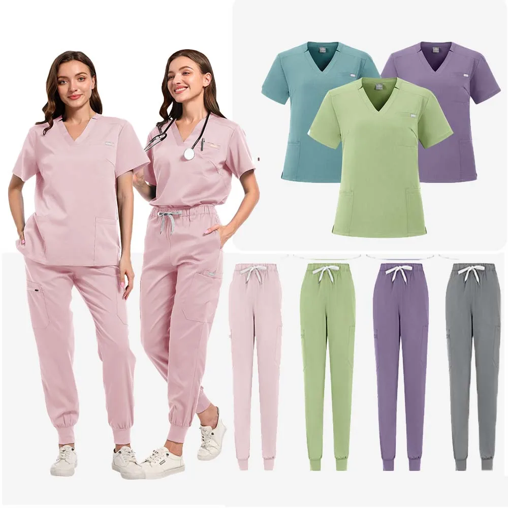 

Scrubs Uniform Suit Short Sleeve V-neck Tops+jogger Pants Set Nursing Uniform Women Multicolor Pet Doctor Scrub Medical Workwear