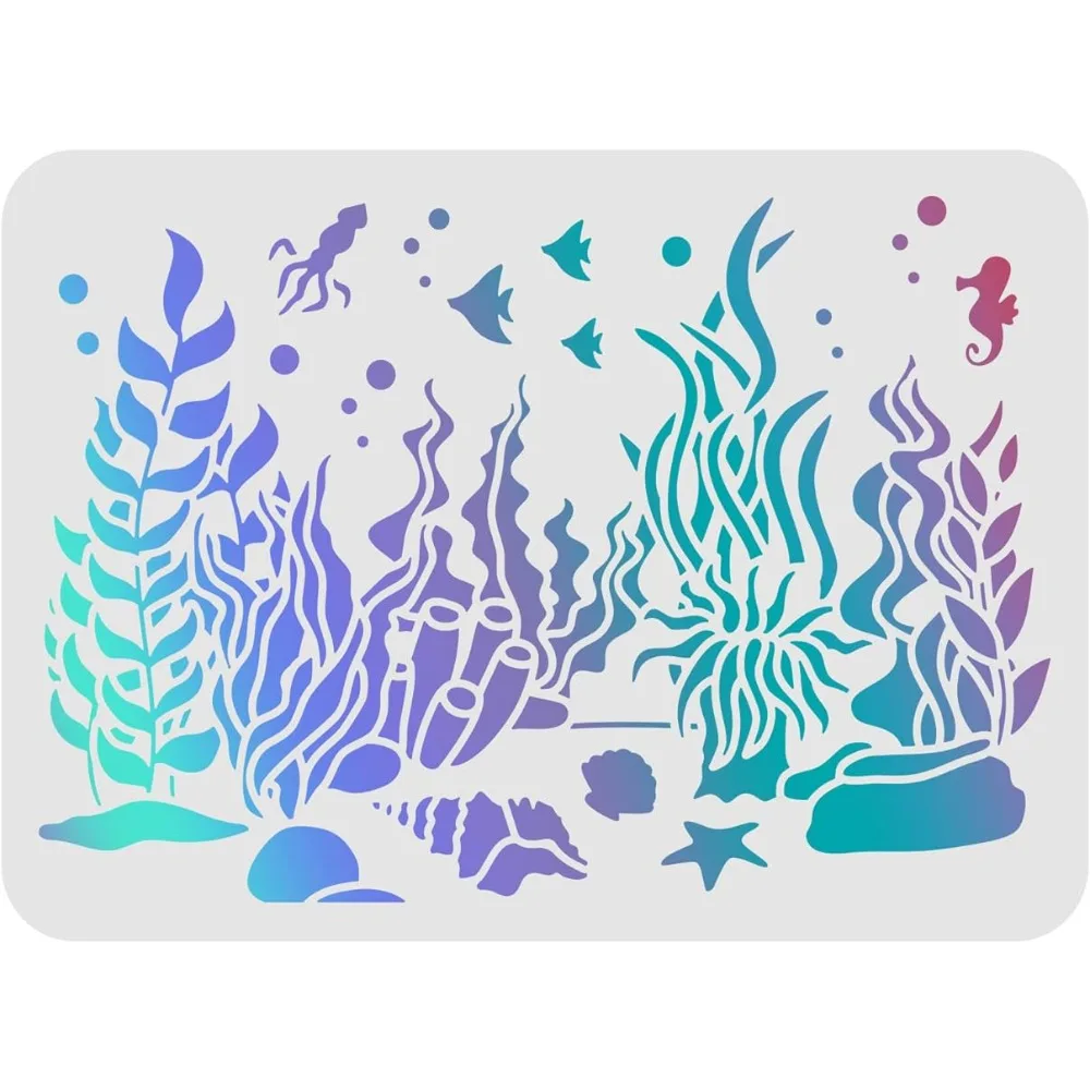 

Seaweed Stencil 11.7x8.3inch Underwater World Stencil Shell Octopus Seahorse Conch Sea Ocean Creatures Stencil Ocean Theme