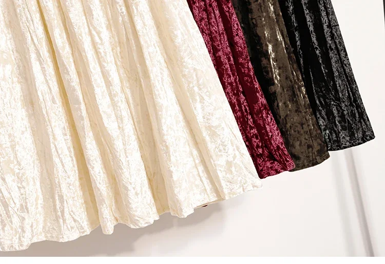 Burgunderroter Plissierter Samt-Midi-Rock für Damen, A-Linie, Herbst/Winter 2026, Vielseitig, Figurbetont, Mittellang, Lässig, Vielseitige Halbrocke – Detail 7