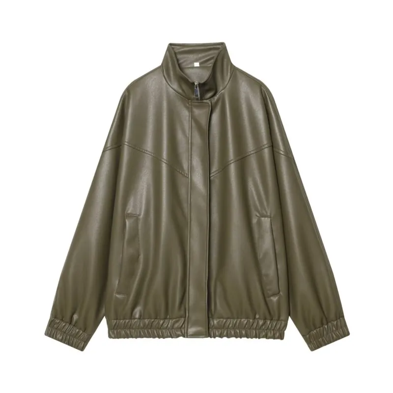 

Women Stand Collar Faux Leather Pilot Jacket Autumn Winter Casual Long Sleeved Jackets Fashion Coat Retro Female Outerwear