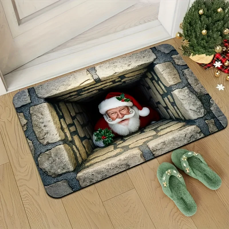 3D Visual Christmas Flannel Door Mat Santa Claus Stone Well Hole Pattern Non‑Slip Floor Rug for Indoor Entry Holiday Xmas Decor