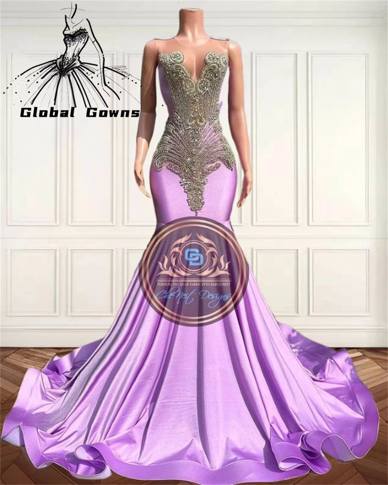 Purple Halter Long Prom Gowns For Black Girls Beaded Crystal Diamond Birthday Party Dresses Mermaid Evening Dress Customized