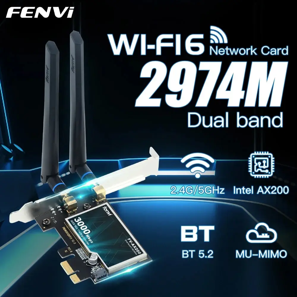 Fenvi-Adaptador de cartão sem fio para desktop, WiFi 6, banda dupla, 2974Mbps, 2974Mbps, 2.4G, 5GHz, BT5.2, 802.11AX, MU-Mimo, AX200NGW, Win 10, 11