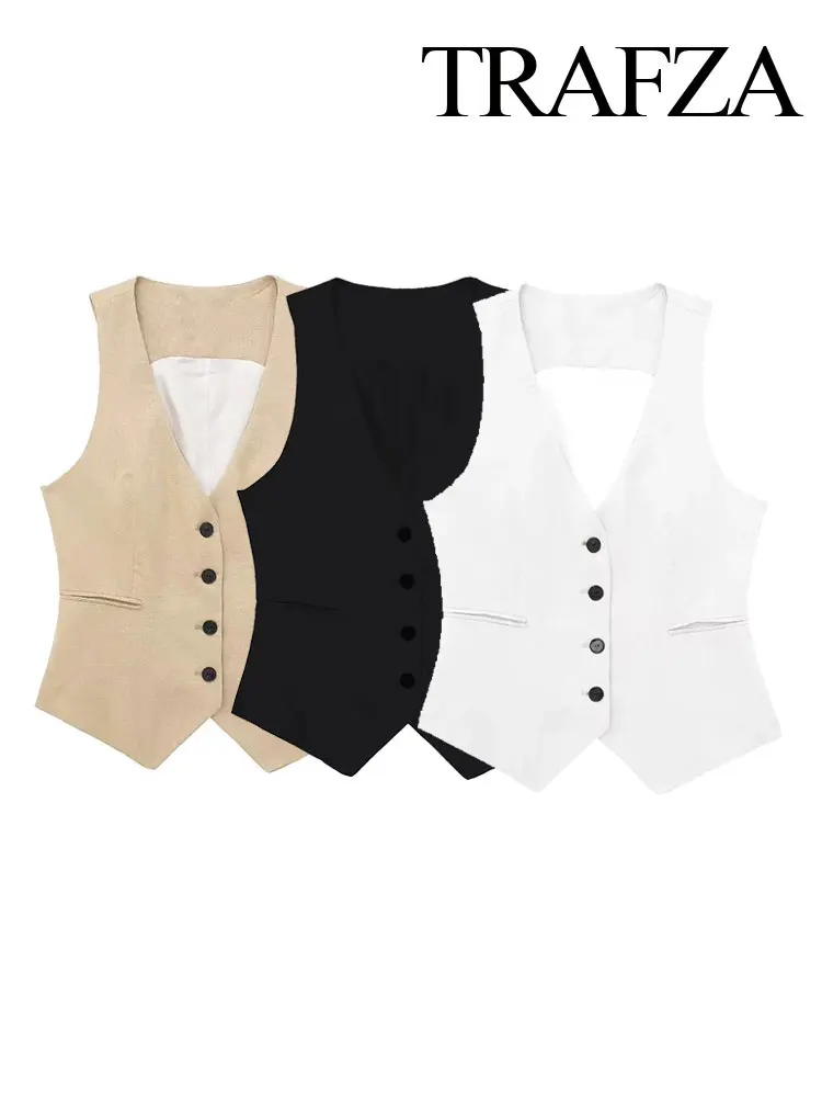 TRAFZA 2024 Spring New Women\'s Fashion Office Suit Vest Chic V-neck Single Breasted Women\'s Pocket Vest Vest Cropped Top Y2K