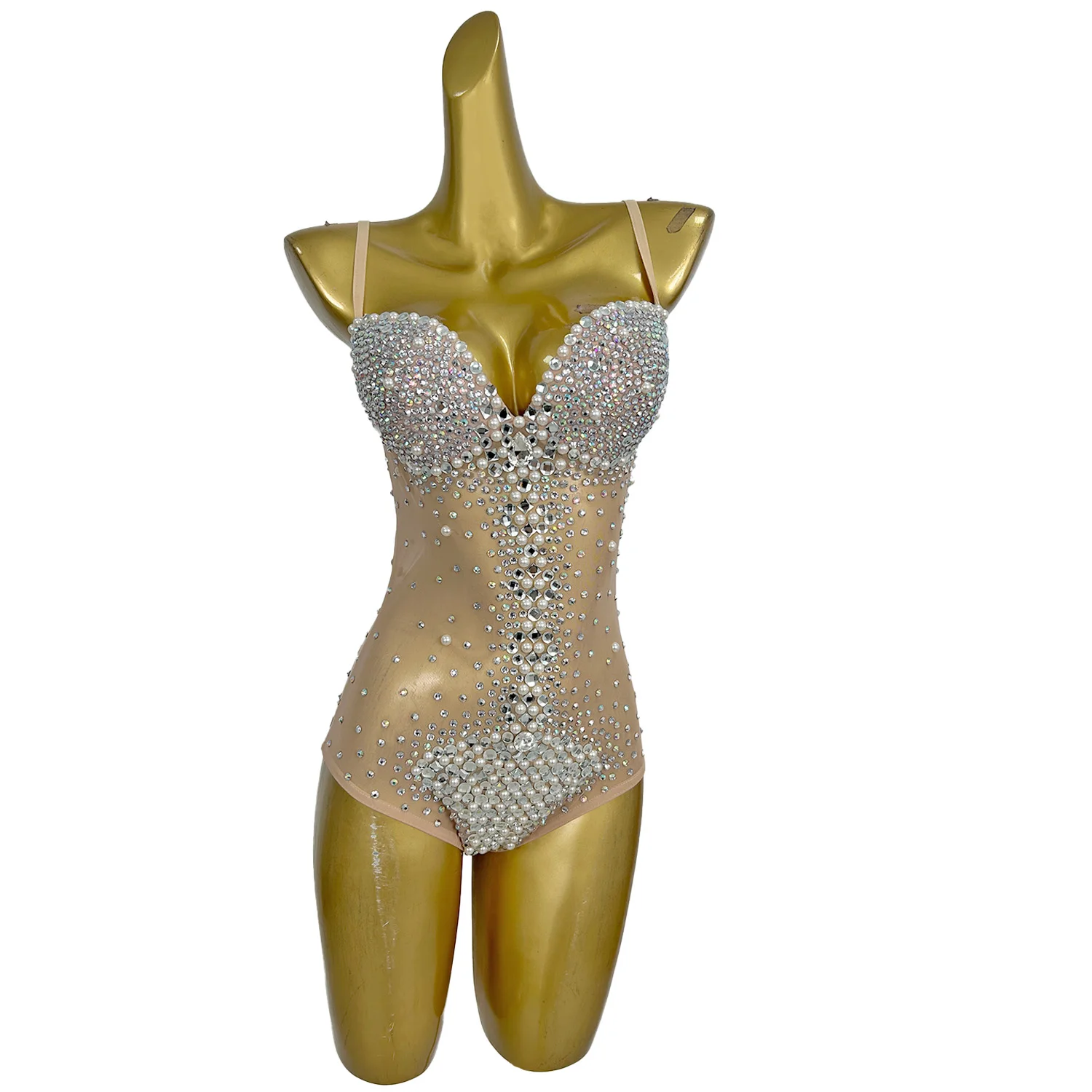 Sexy Spaghetti Strap Pearls Rhinestone Night Club Party Bodysuit Women Stripper Dancer Leotard Bodycon Romper Show Jumpsuits
