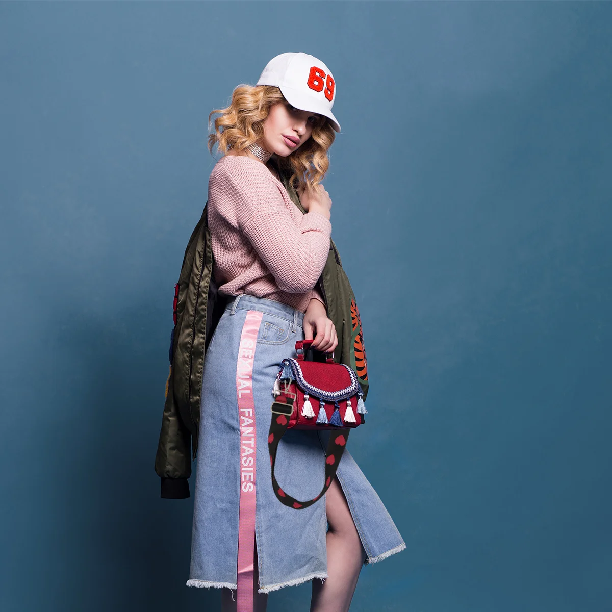 Colorful Heart Shape Printed Wide Shoulder Strap Adjustable Length Crossbody Bag Belt Durable Canvas Buckle Design