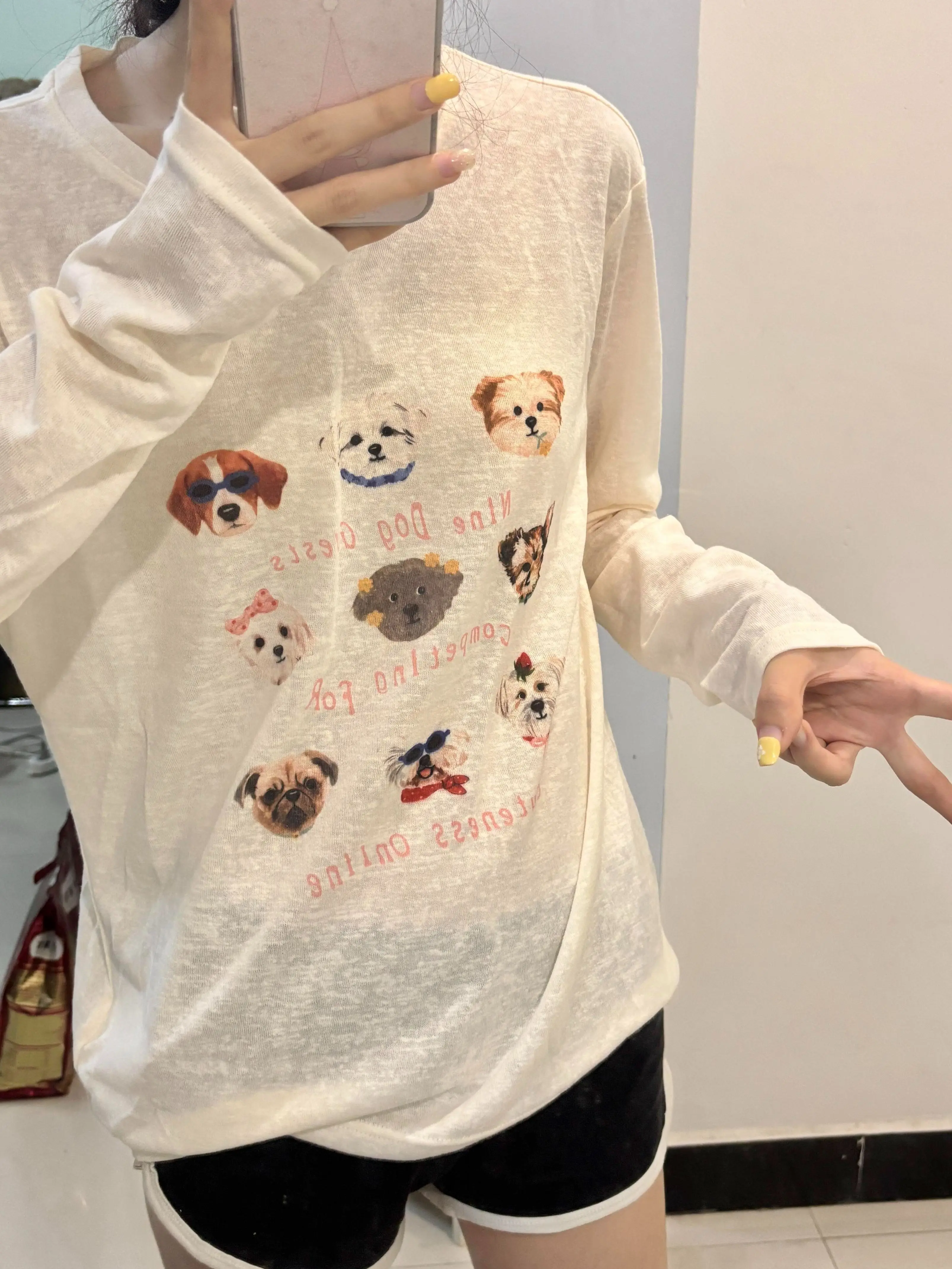 Summer Casual Style Women's Long Sleeve round Neck T-shirt Sun Protection Slim Fit Printed Dog Letter Mask T-shirt for Ladies