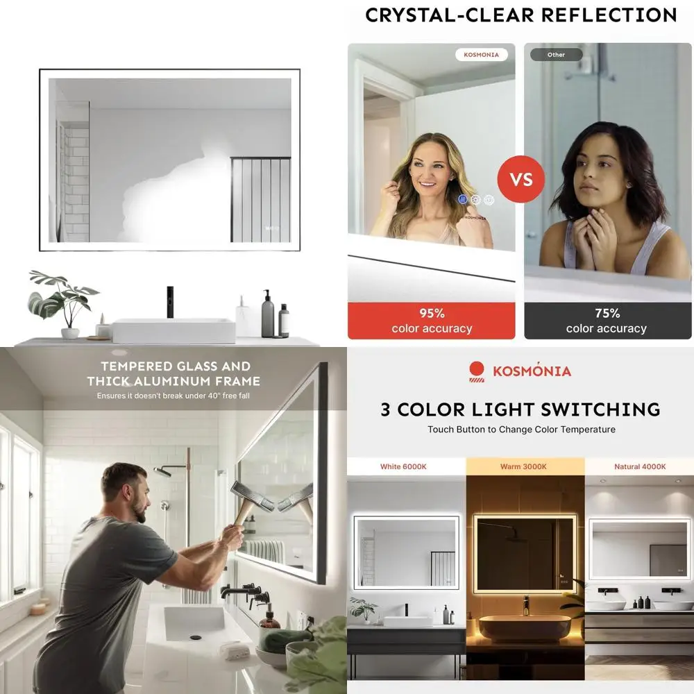 

Dimmable 32x48 LED Bathroom Mirror with Light, Anti-Fog, Distortion-Free, Tempered Glass, Wall-Mounted Vanity Mirror