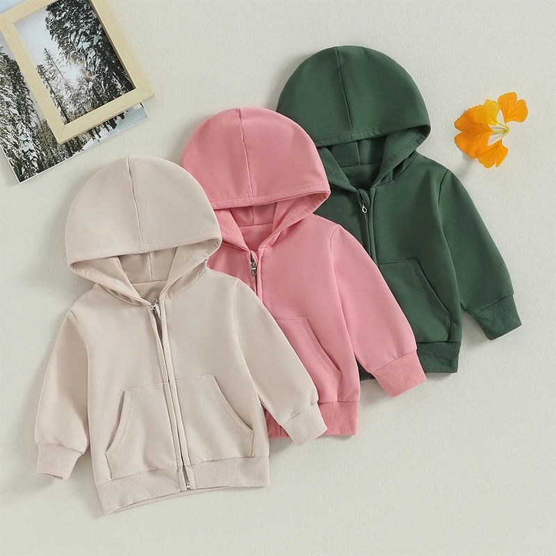 1-5Y Baby Boy Girl Zip Up Hoodies Solid Color Casual Long Sleeve Hooded Sweatshirts Jacket with Pocket Zipper Hoodies Outerwear