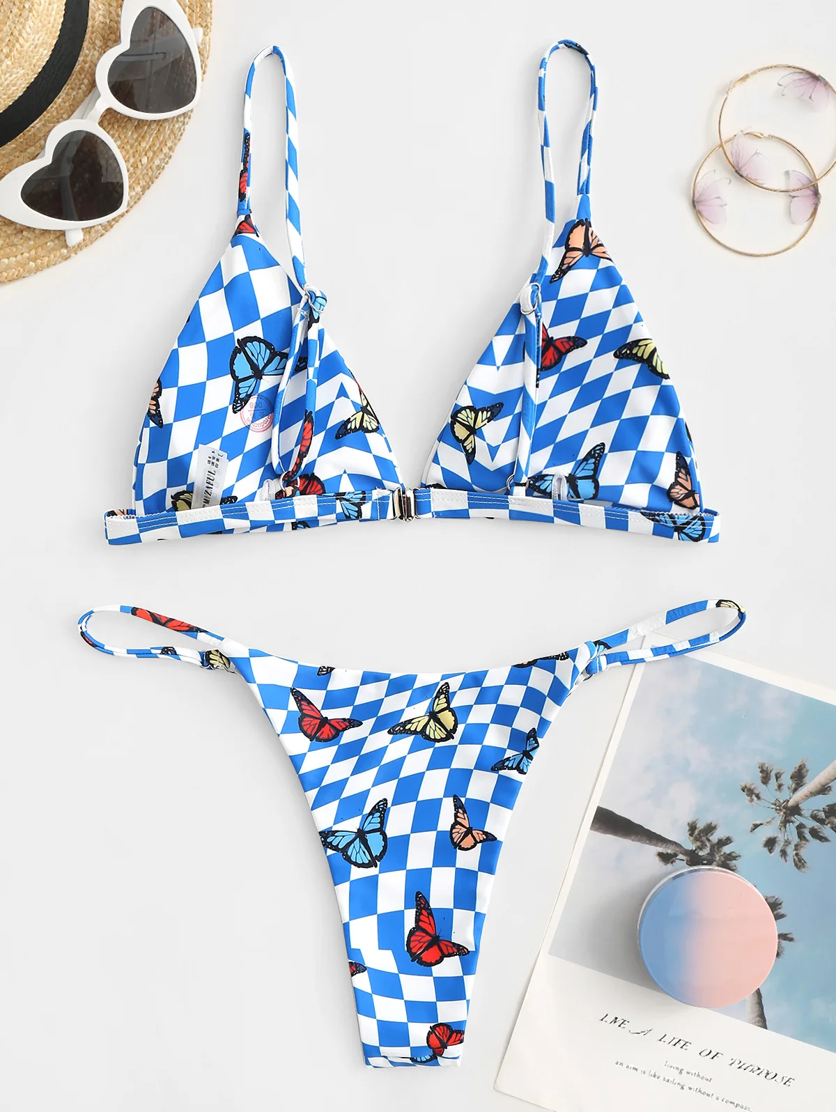 ZAFUL Checkered Butterfly Print Triangular Bikini Swimwear