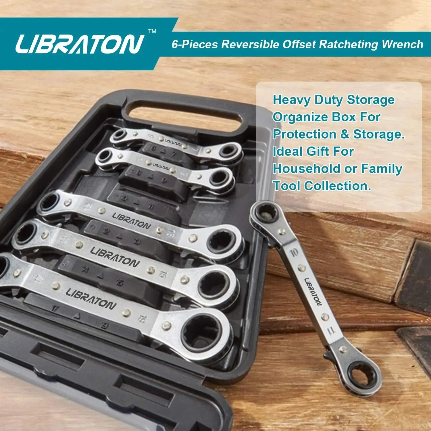 LIBRATON 6PCS Ratchet Spanner Set Ratchet Spanners Offset Spanner Set Ring Spanner Set Offset Ratcheting Wrench Set 6-19mm