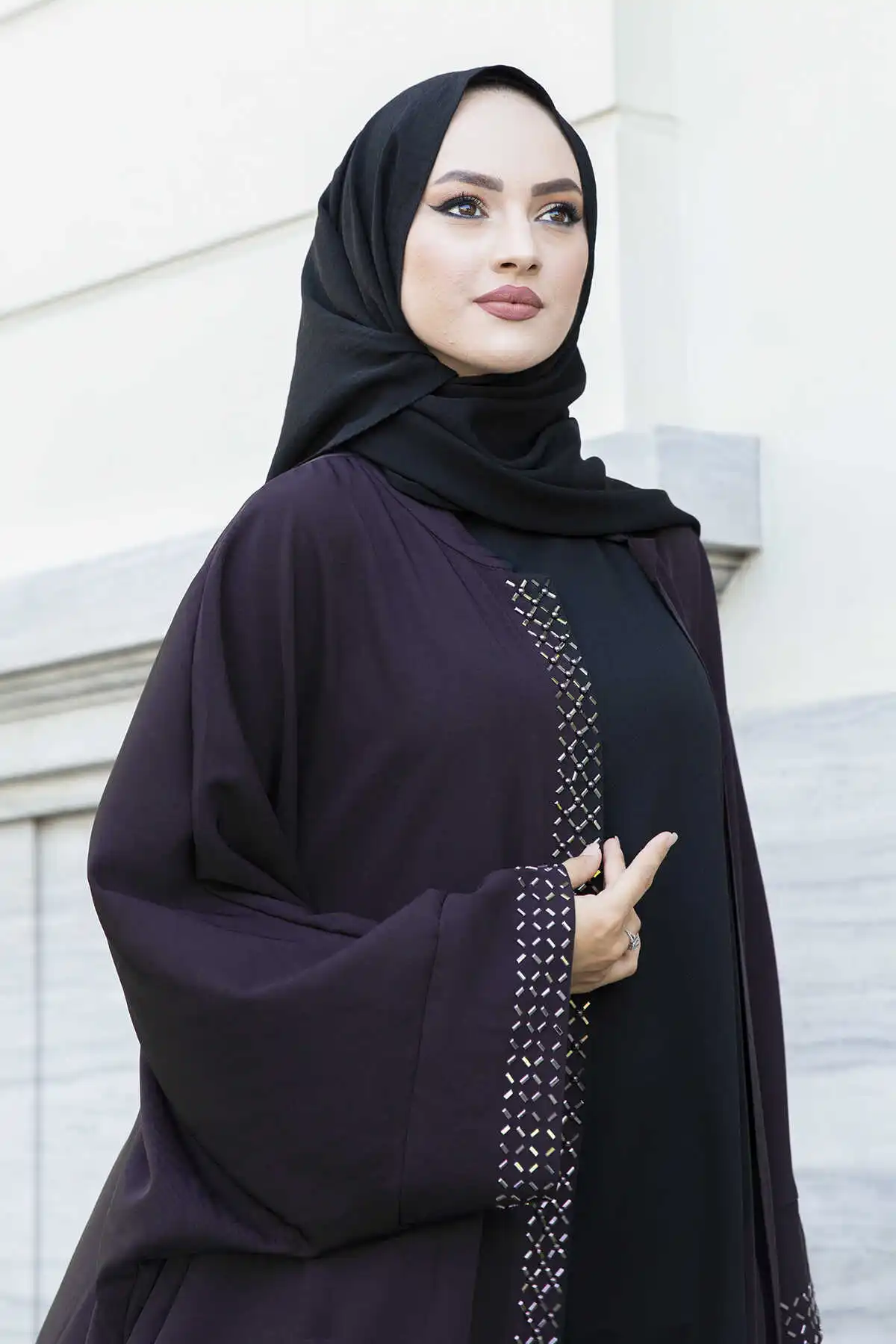 Cubic zirconia Abaya ASH Mürdüm Winter Autumn 2021 Muslim Women Hijab headscarf Islamic Turkey