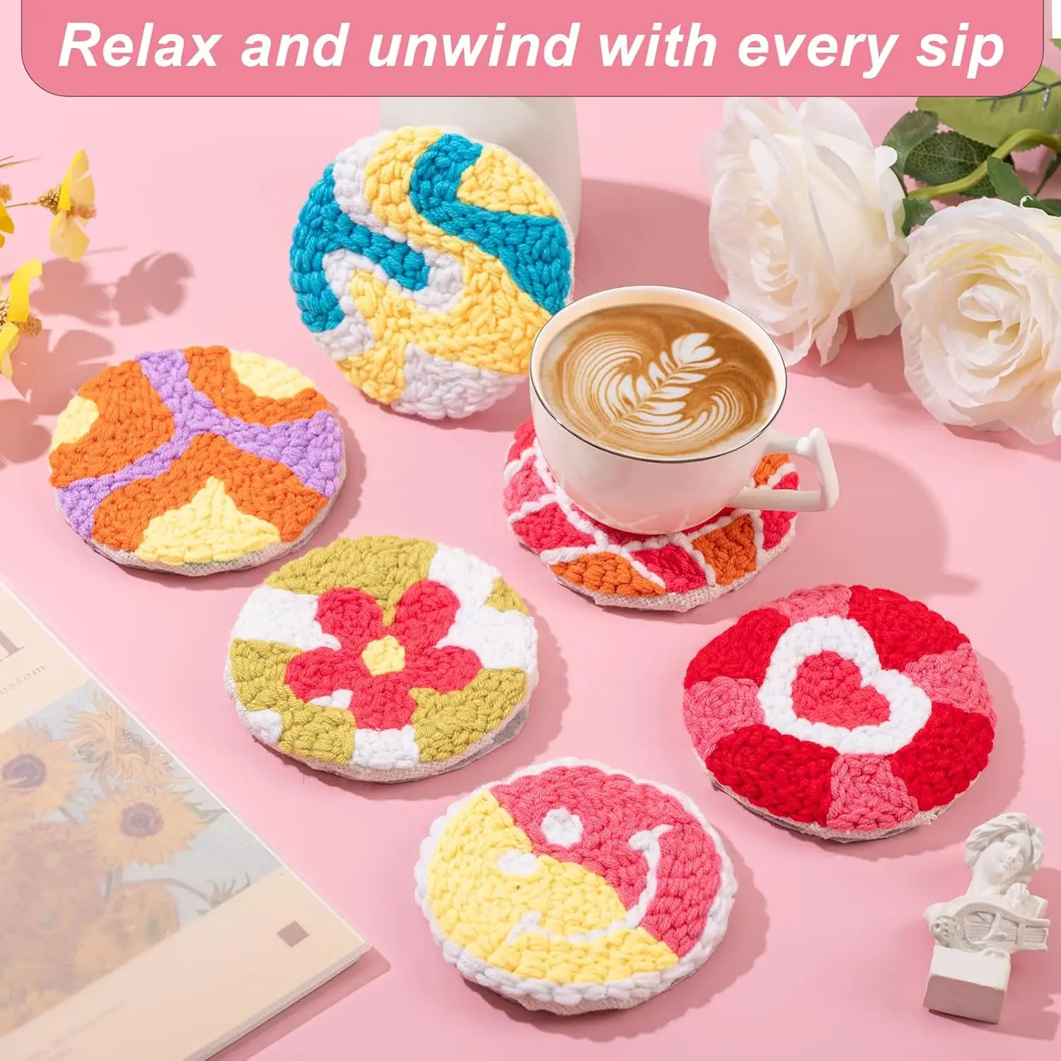 

SDOYUNO Punch Needle Coasters Kit Beginners 6 Pcs DIY Coaster Embroidery Set Drink Mat Plate Coasters for Mugs and Cups Rug Pad