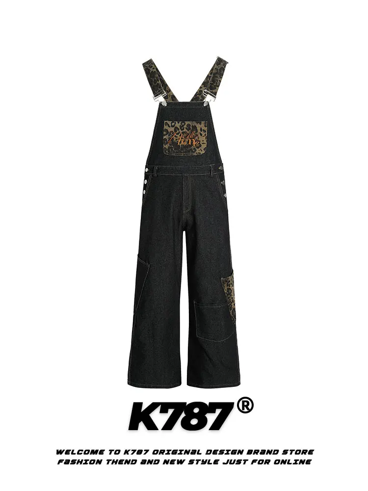 K787 American Retro Leopard Print Multi-ket Bib Overalls Women's Embroidered Straight Leg Denim Casual Bib Overall Pants