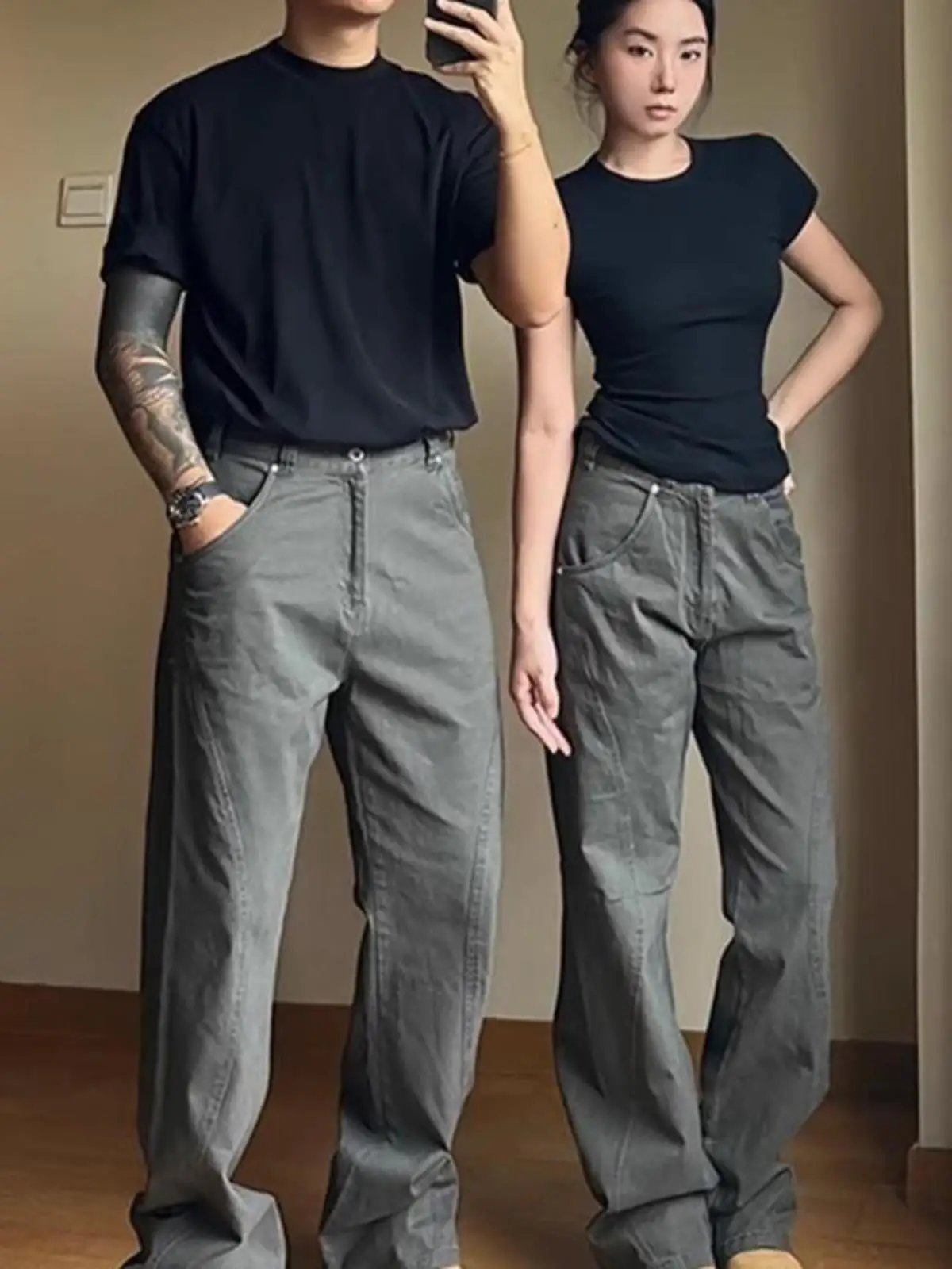 

Deep ey Men's Jeans American Vibe Retro Straight Leg Casual Workwear Trousers Wear Resistant Cotton Polyester Blend