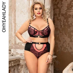 Ohyeahlady Sexy Lace Bra High Waisit Panty Set Floral Plus Size Underwear Briefs Outfit Curve Exquisite Underwire Lingerie Suit