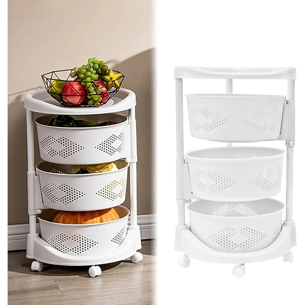 

3 Tier Kitchen Rotating Storage Rack Multi-Layer Storage Basket with Wheels Rotating Shelf Organizer Rolling Storage Cart