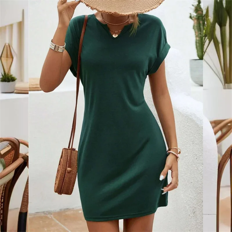 Women Small V Neck Pullover Dresses Fashion Solid Color Folded Cuffs Dress Summer Female Comfortable Commuter Casual Short Gown