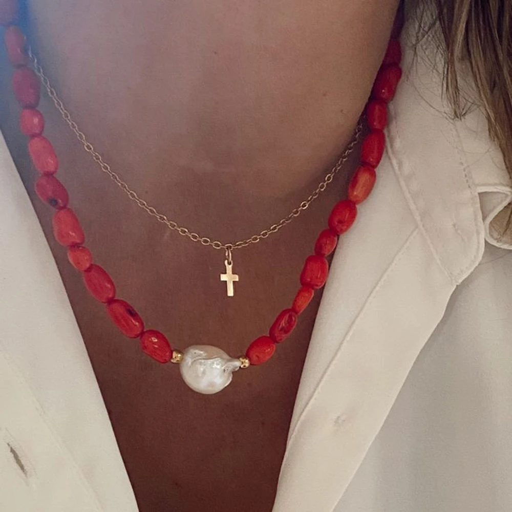 Baroque Natural Freshwater Pearl Pendant Woman Necklace Lucky Necklace Red Coral Short Necklace Bohemian Handmade Jewelry