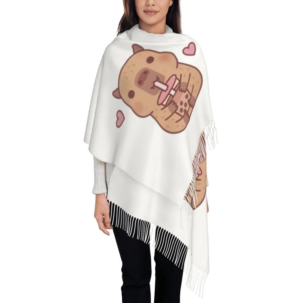 

Custom Cute Little Capybara Hugs Bubble Tea Tassel Scarf Women Winter Fall Warm Shawls Wraps Ladies Scarves