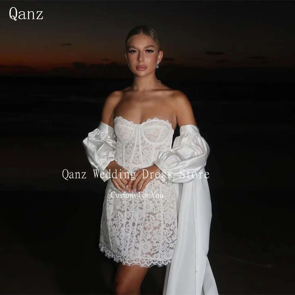 

Qanz Beach Lace Appliques Wedding Dress Women 2 Pieces with Cape Short Bridal Gowns Vestidos De Fiesta Elegantes Customized