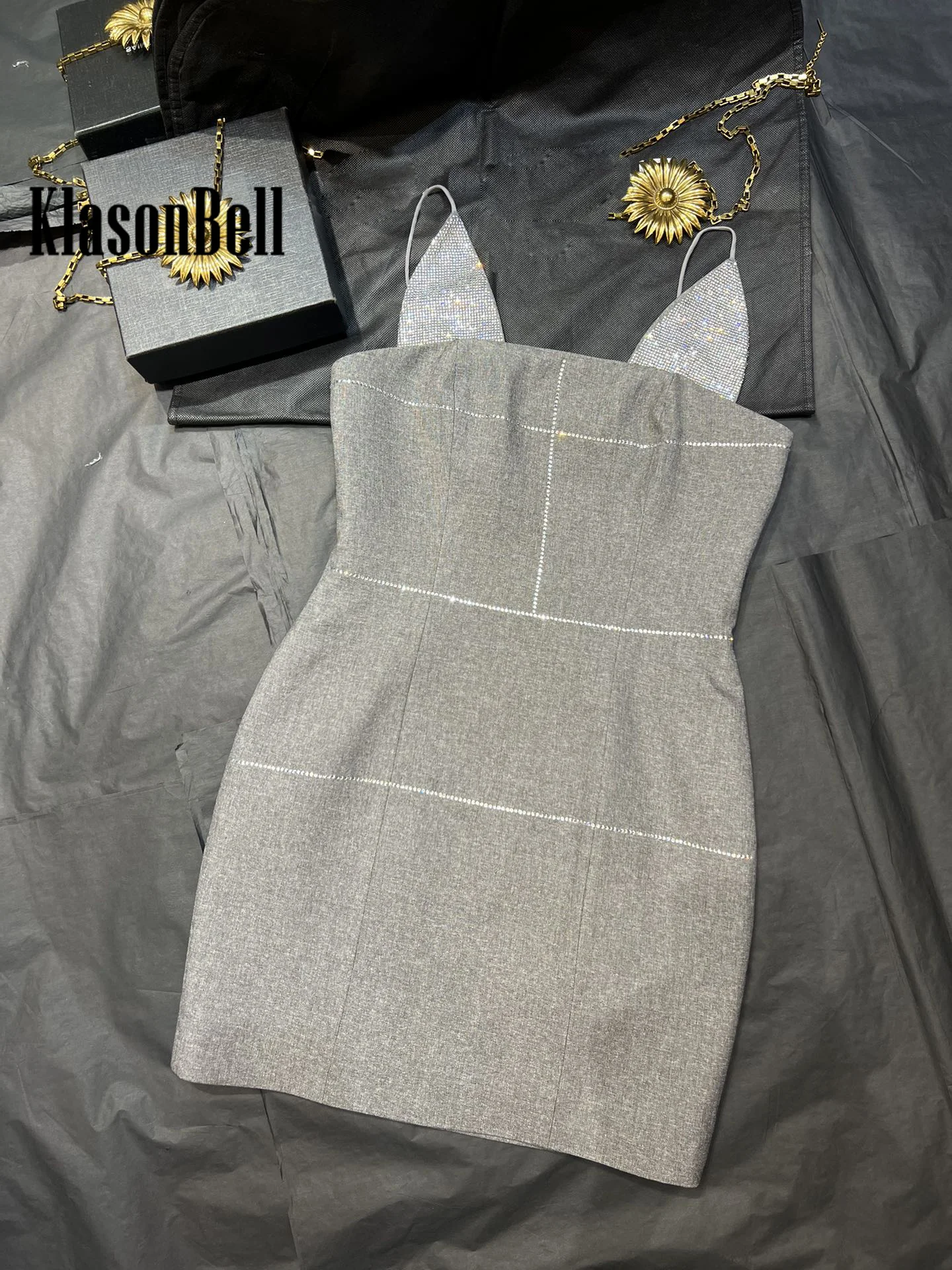 9.30 KlasonBell-Women Fashion Diamonds Spaghetti Strap Collect Waist Mini Dress Sexy Backless Sleeveless Short Dress