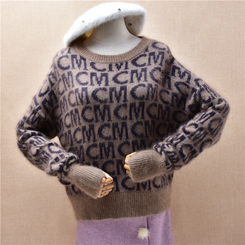 Donna Donna Autunno Inverno Moda Visone peloso a righe Cashmere lavorato a maglia O-Collo Maniche lunghe Camicette sottili Pullover Maglione angora