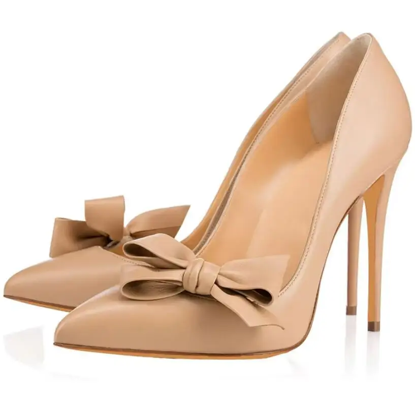

Spring Bowtie Side Stiletto High Heel Party Pumps Single Pointed Toe Woman Black/nude Leather Slip On Butterfly Knot Shoes