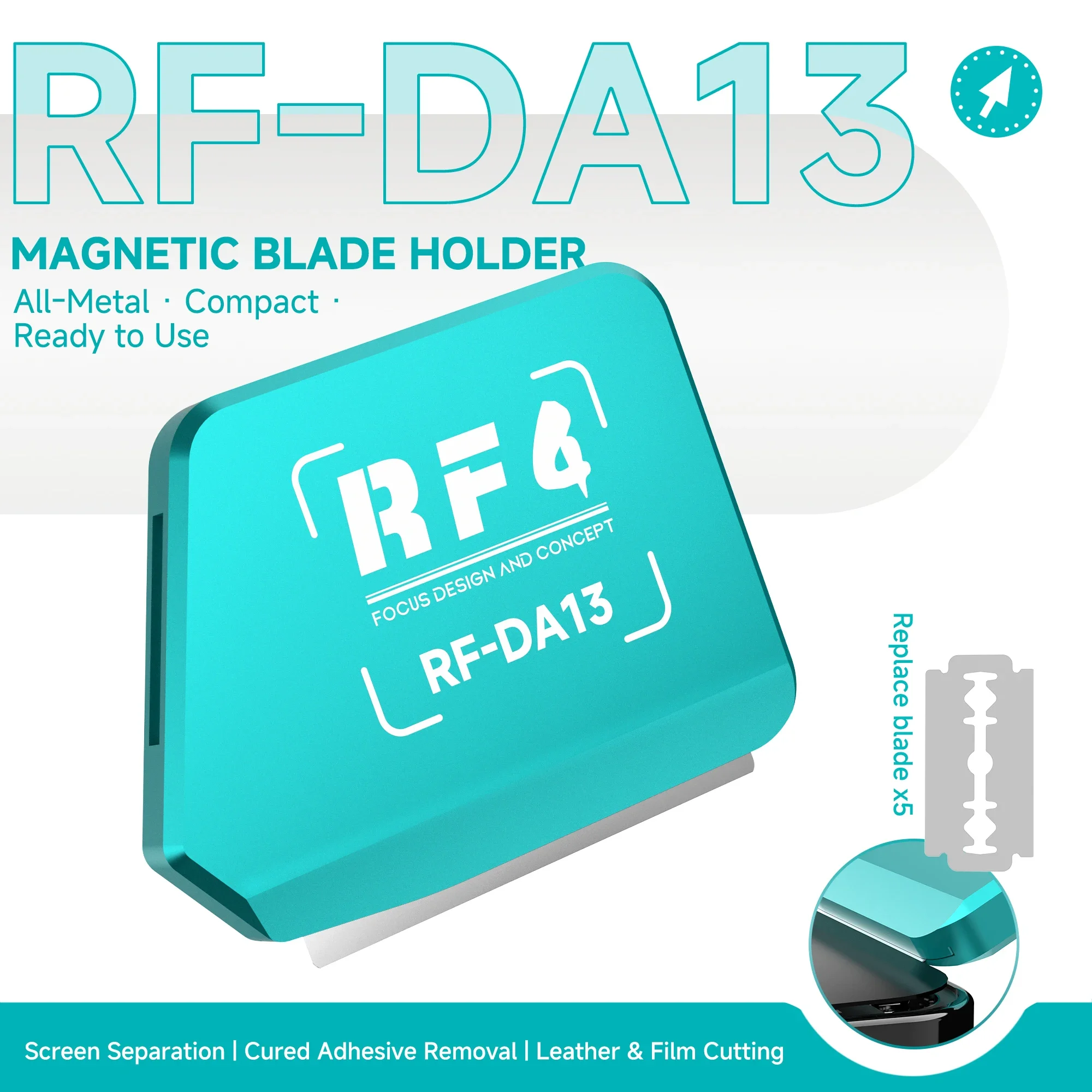 RF4 RF-DA13 Magnetic Blade Holder All-Metal Screen Separation Pry Tool with 5 Replacement Blades for Phone Tablet Repair