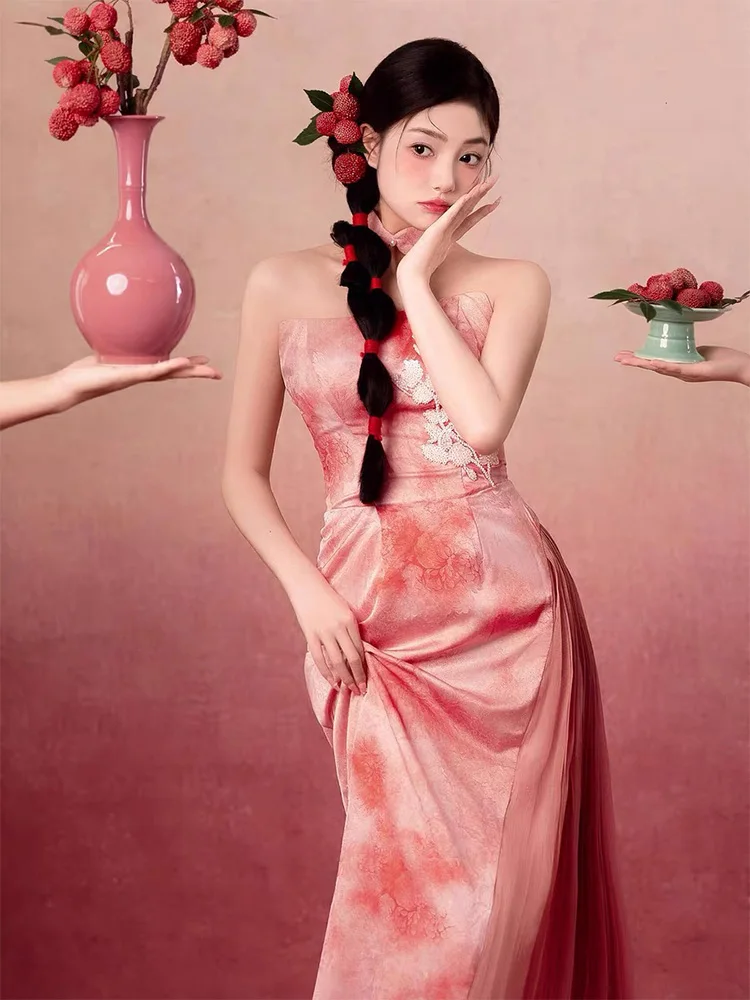 

Elegant High-Waist Long Evening Dress for Women Wedding Engagement Breakfast Ceremony Chinese Style Wedding Dress