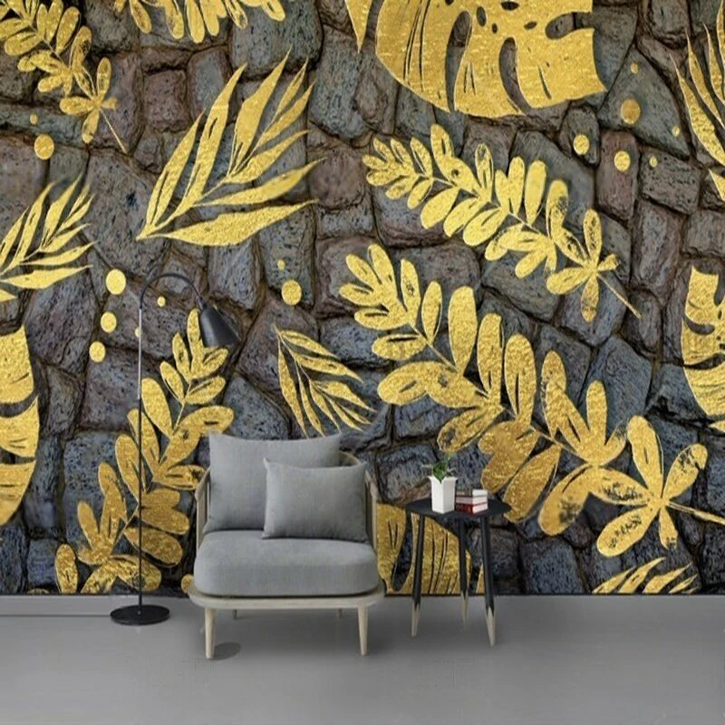 

Customized Wall Mural with Golden Leaves and Stone Pattern Modern Wallpaper for Home Interior Decor Office Wall Art Design 3D