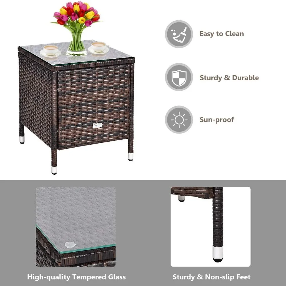 مجموعة أثاث الفناء المكونة من 3 قطع، مجموعة محادثة الروطان الخارجية مع طاولة القهوة والكراسي والوسائد السميكة، مقطعية للفناء