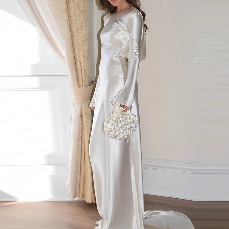 White Satin Long Sleeved Slim Evening Dress Sexy Hollow Out Backless Mermaid Robe Dress New Autumn Women O Neck Fashion Dresses