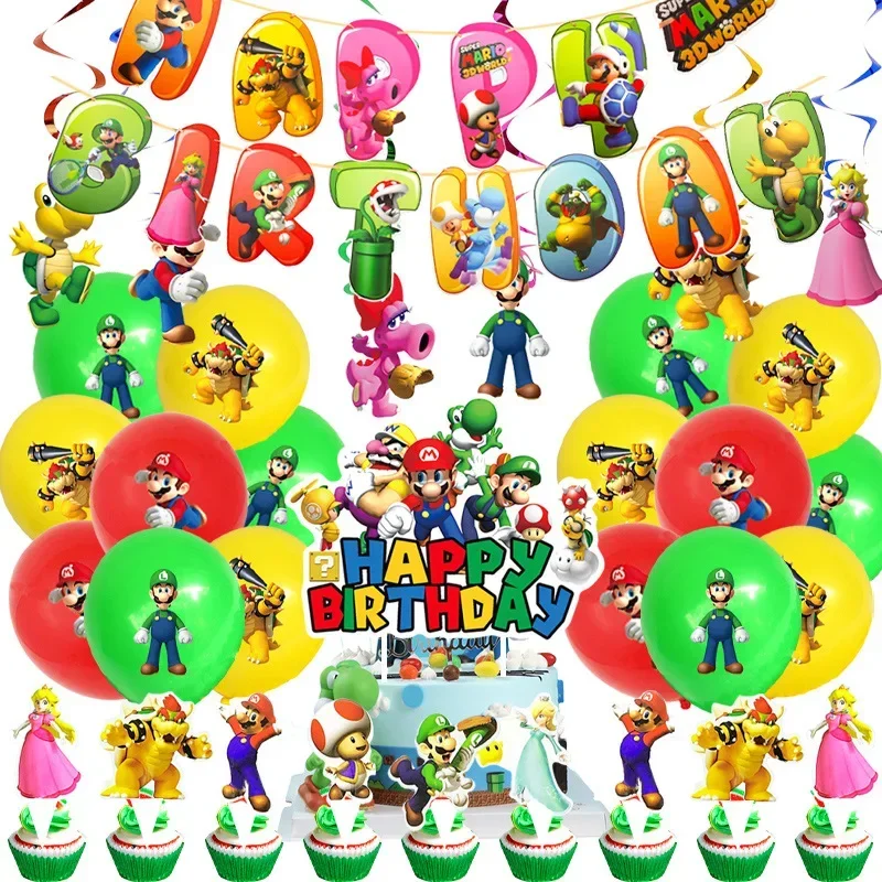 Cartoon Super Mario birthday party decorations Party Set anime Luigi Mario children balloon pull flag cake flag party supplies