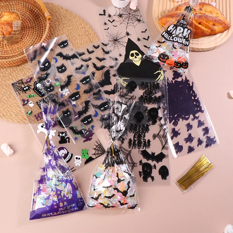 50 Stück Halloween Candy Bag Kürbis Schädel Fledermaus Plastiktüten transparente Keks Verpackung Geschenk DIY Halloween Party begünstigt Dekor