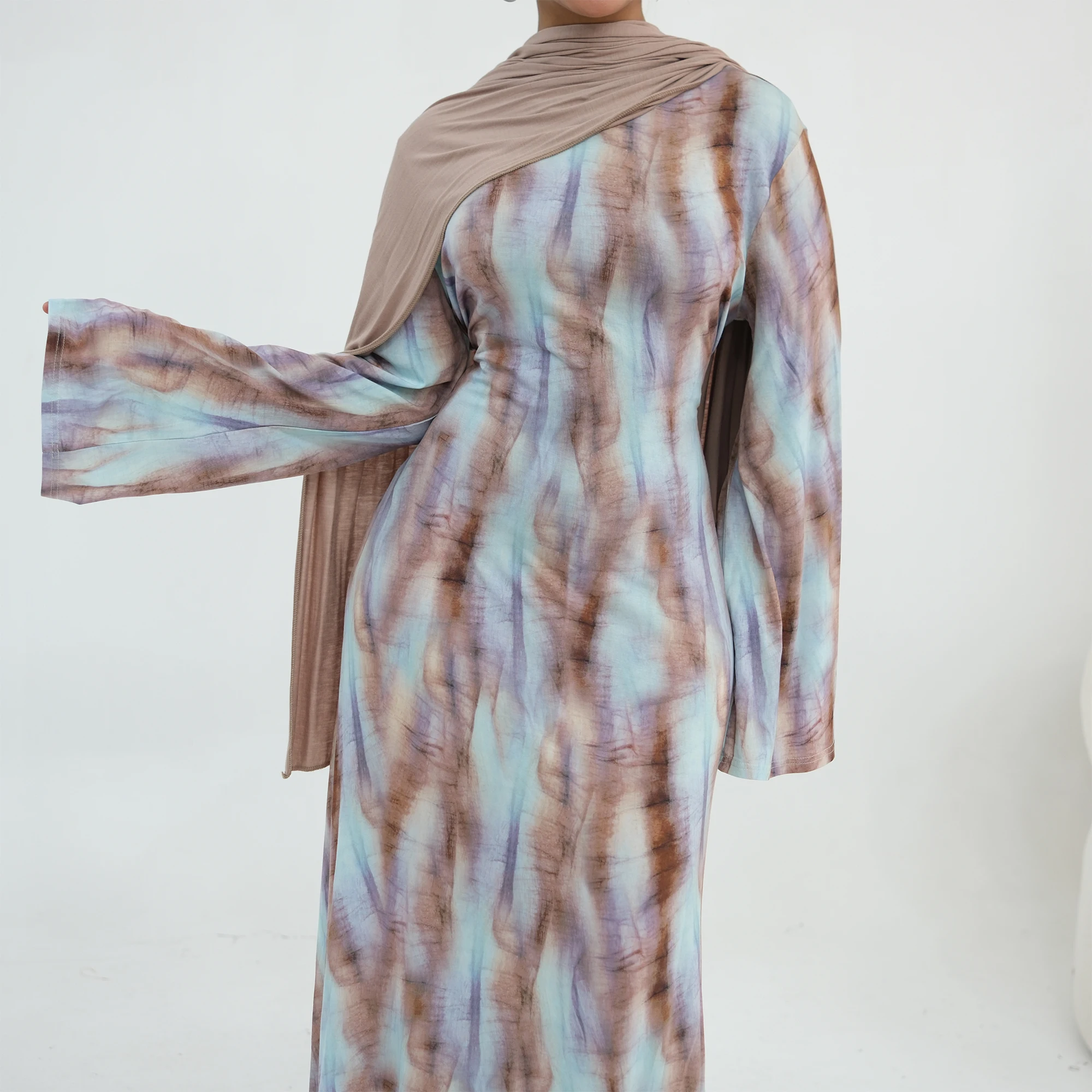

Summer Printed Modal Maxi Dress Slim-Fit Round Neck Back Lace-Up Long Flared Sleeves Muslim Abaya Dress Hijabi Islamic Clothing