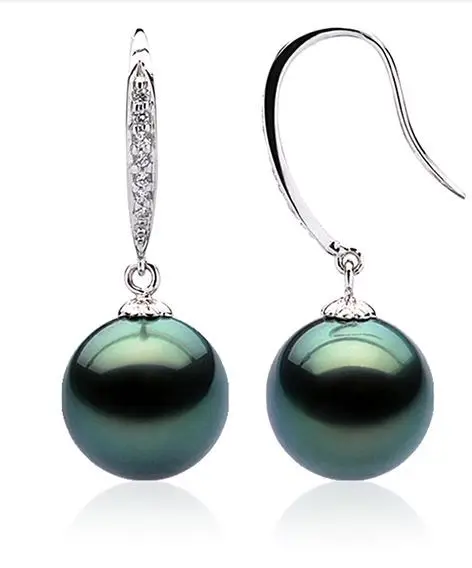 CHARMING 10-11MM AAA tahitian black green PEARL EARRING 925S