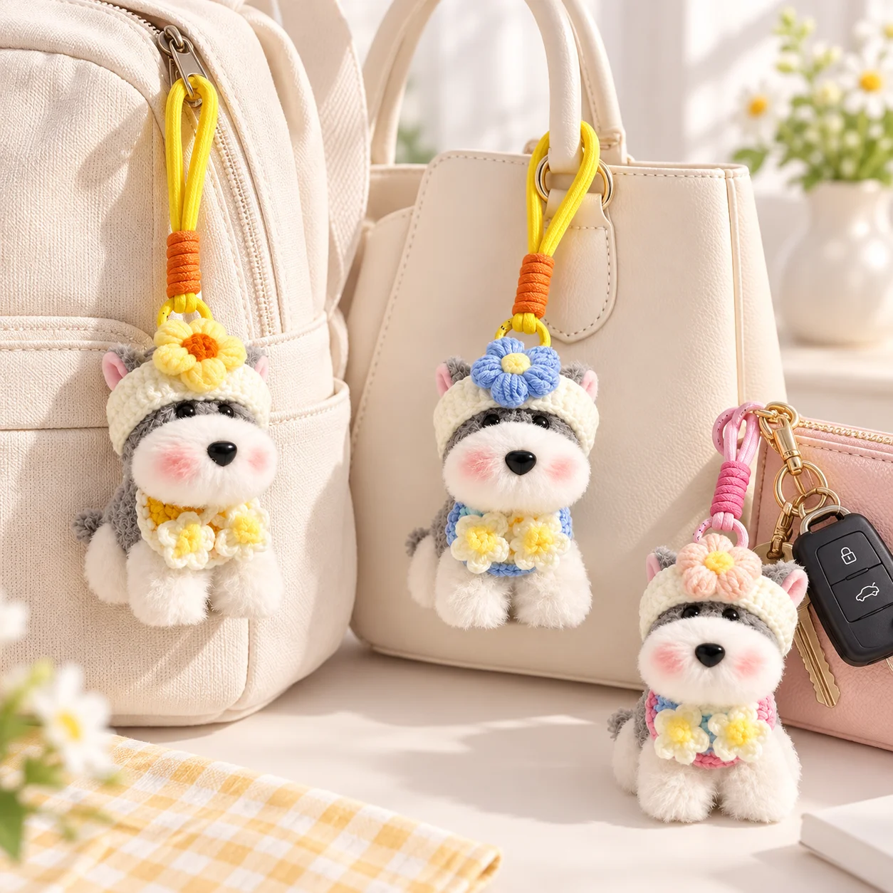 Cute Plush Schnauzer Dog Keychain, Soft Puppy Doll Bag Charm, Backpack Pendant, Adorable Car Key Ring Accessory Gift
