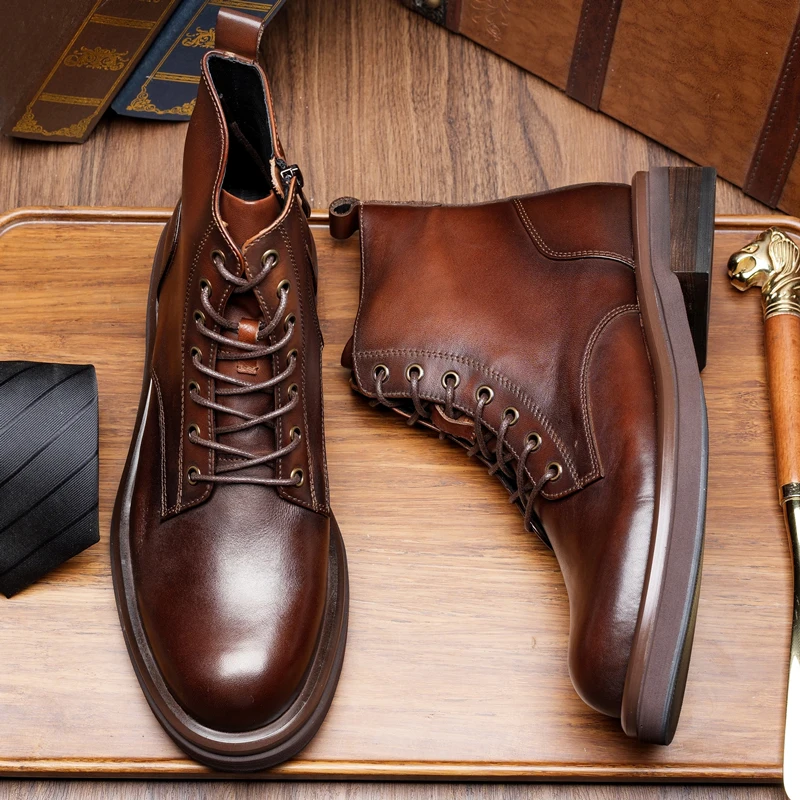 

Handmade Genuine Leather Boots Men's Briti Sle Retro Motorcycle High Top Zipper ort Boots Thi Bot Autumn Wi...