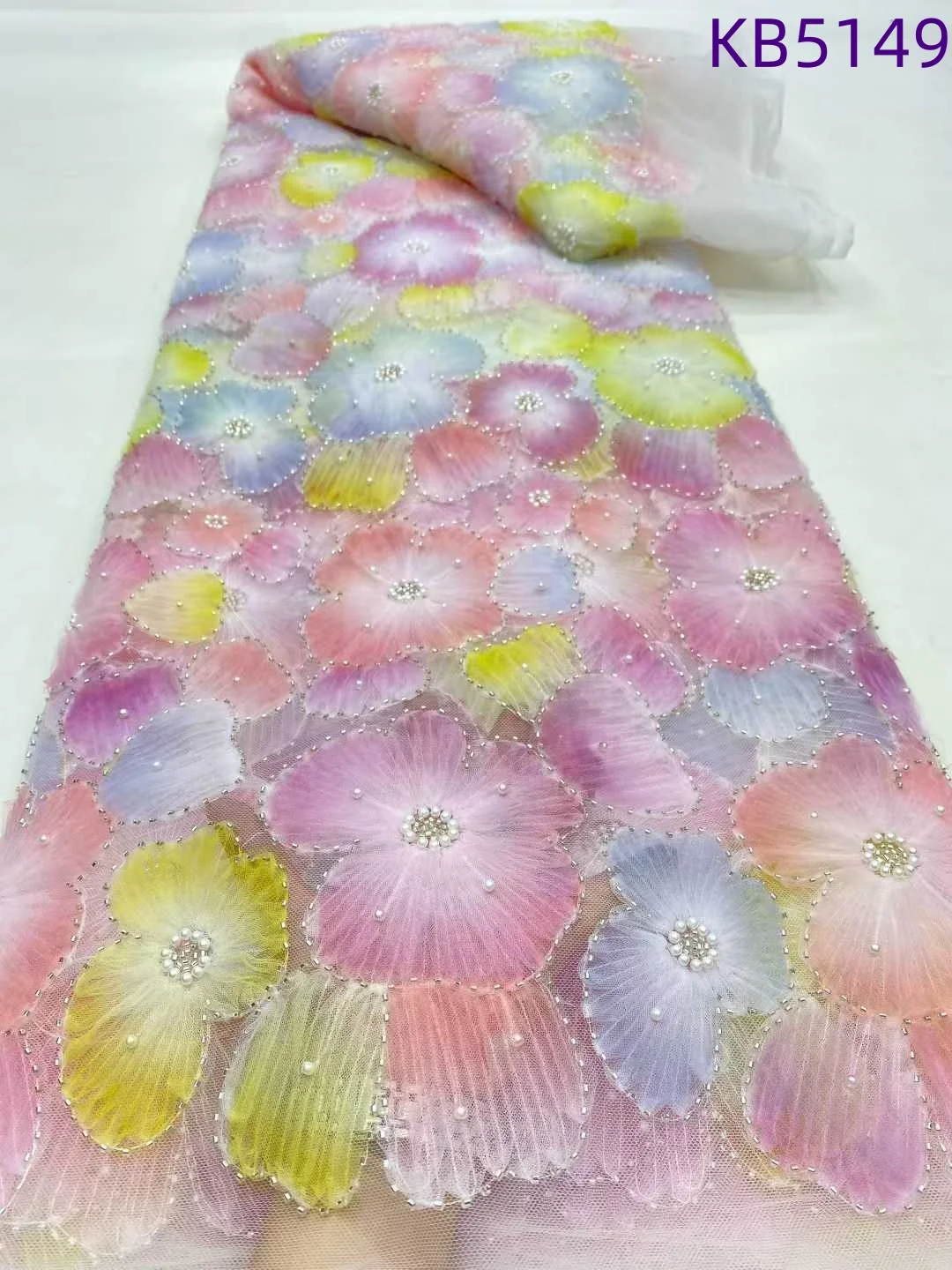 3D Flora Pearls Beaded French Mesh Lace Fabrics Nigerian Lace Fabrics 2025 Green Sequence Tulle Lace Fabrics For Sewing KB5149