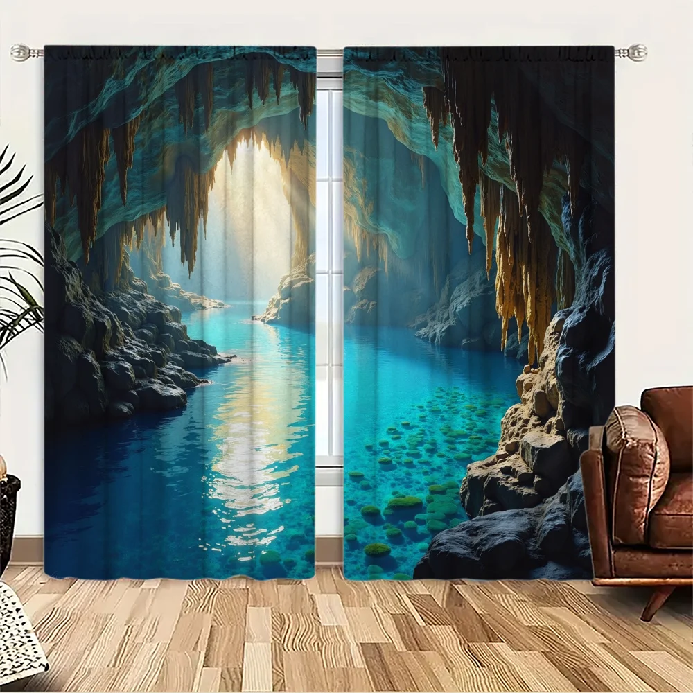 3D Blue Cave River Curtains Fantasy Underground Scenery Drapes Nature Landscape Window Treatment for Living Room Blackout Fabric