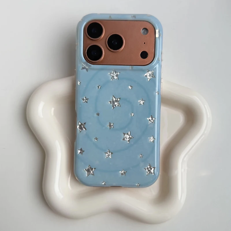 Vintage Sweet Cool Style Blue Vortex Star Clear Phone Case For IPhone 17 Air 18 16Pro Max 15 14Plus 13 12 11 Silicone Back Cover