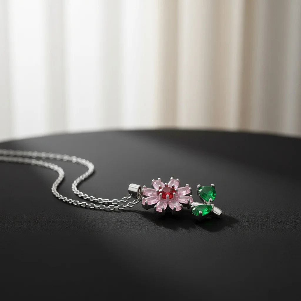Fresh Silver Copper Necklace, Flower Pendant, Pink Red Green Zircon, Crystal Petals, Cable Chain Jewelry for Daily Wear & Dating
